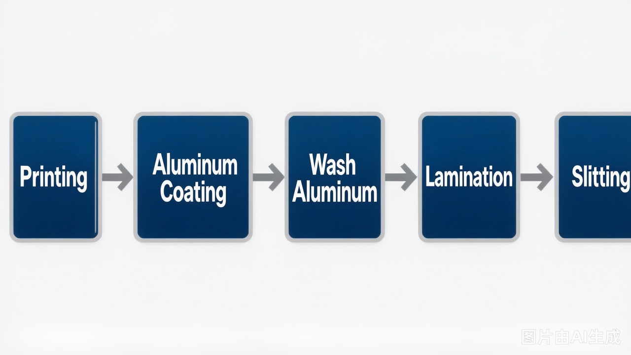 Wash-Aluminum Packaging Process Flow: Printing → Aluminum Coating → Wash Aluminum → Lamination → Slitting