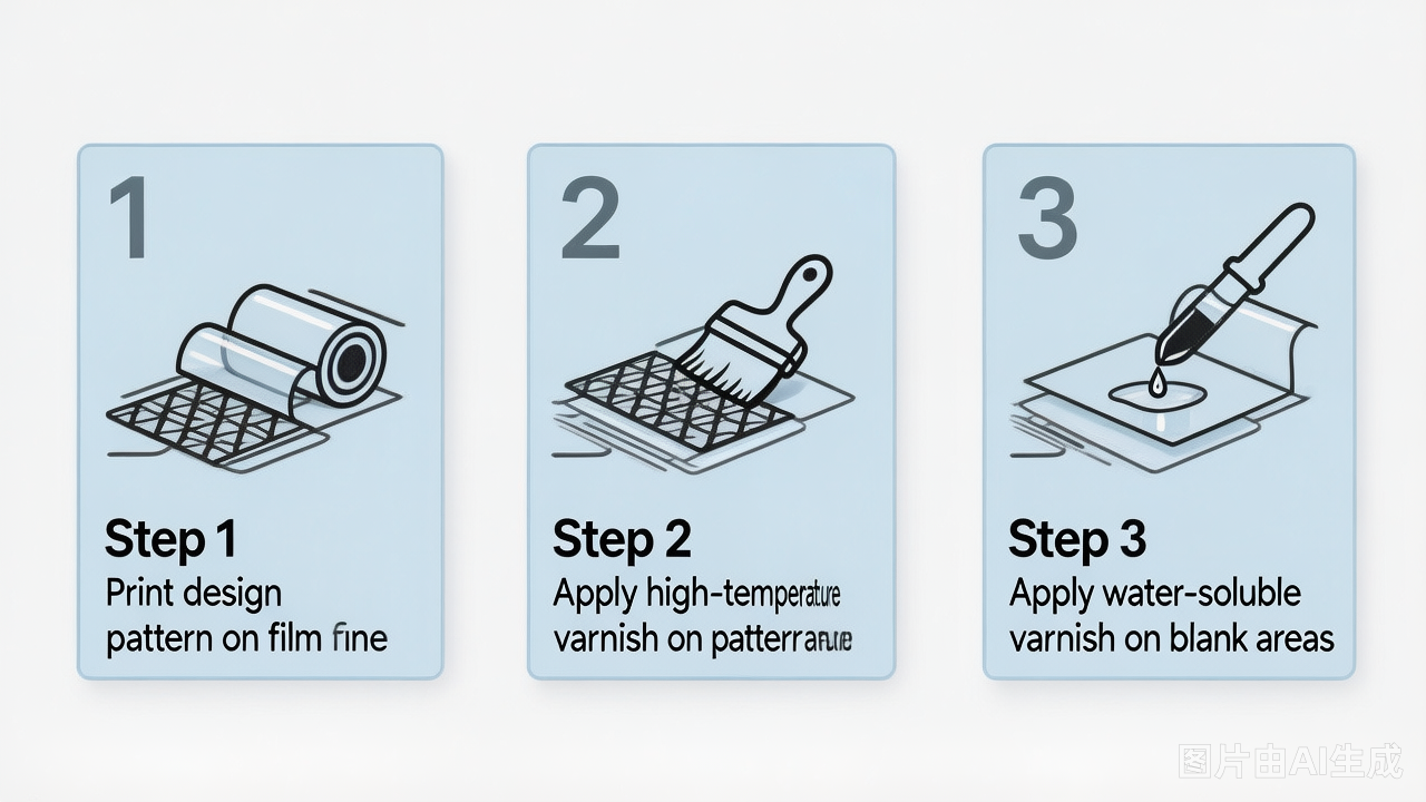 Printing Process: Step 1 – Print Design Pattern, Step 2 – Apply High-Temperature Varnish, Step 3 – Apply Water-Soluble Varnish